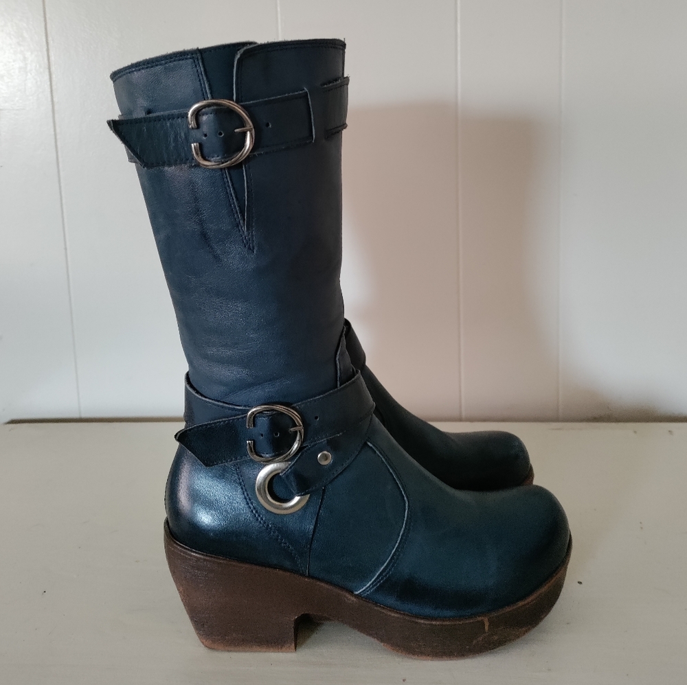 Genuine Italian leather mid calf boots platform blue boho hippie handmade shoes